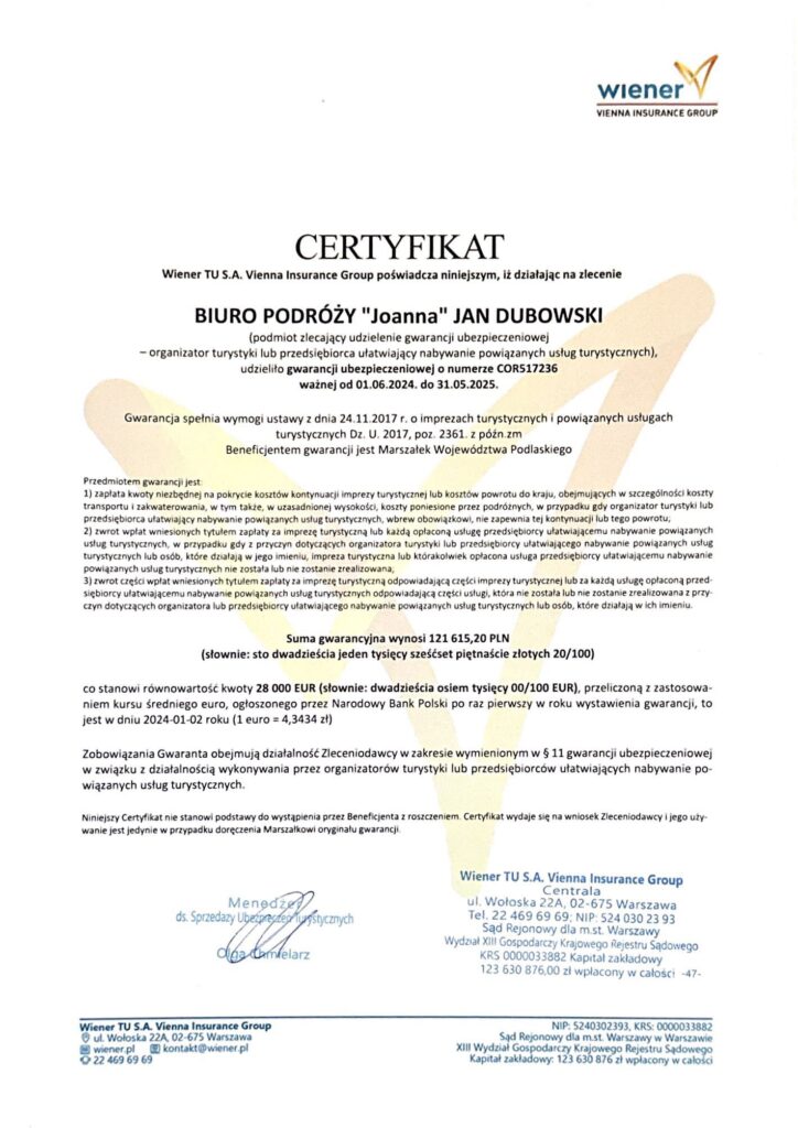 Certyfikat Gwarancji Ubezpieczeniowej Biuro Podróży Joanna Jan Dubowski